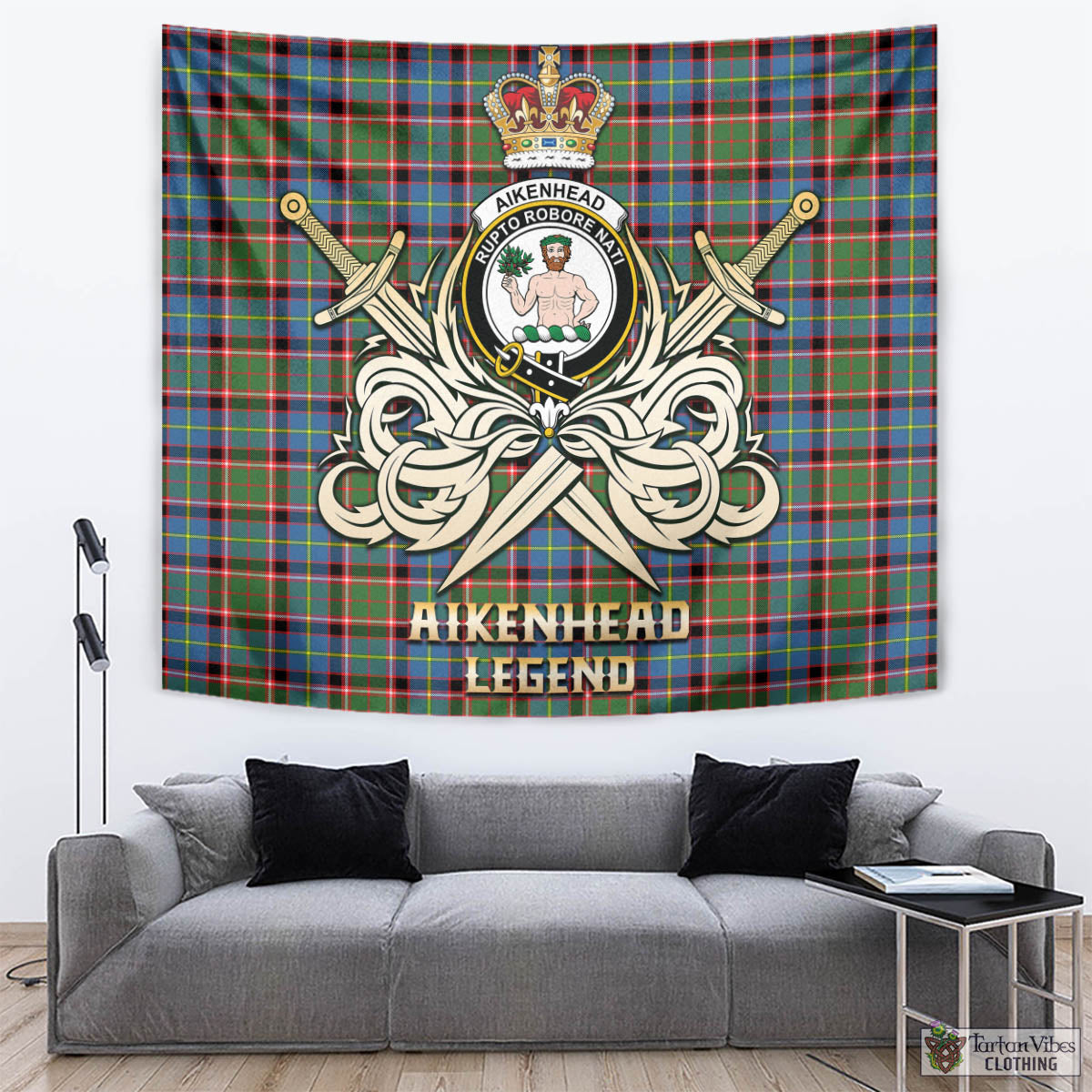 Tartan Vibes Clothing Aikenhead Tartan Tapestry with Clan Crest and the Golden Sword of Courageous Legacy