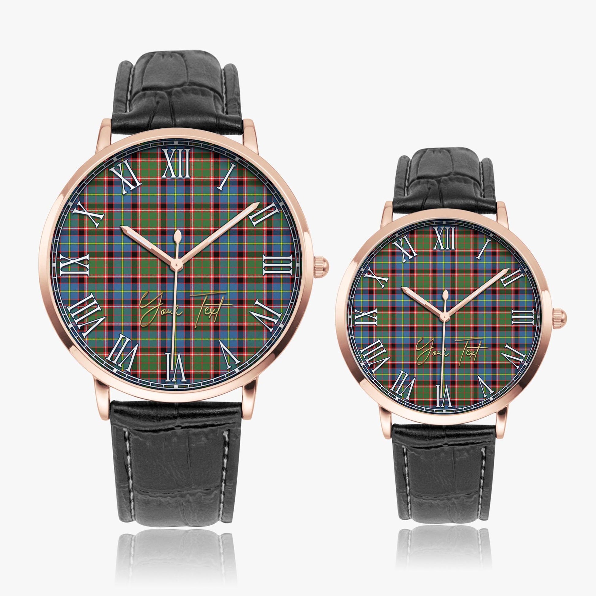Aikenhead Tartan Personalized Your Text Leather Trap Quartz Watch Ultra Thin Rose Gold Case With Black Leather Strap - Tartanvibesclothing