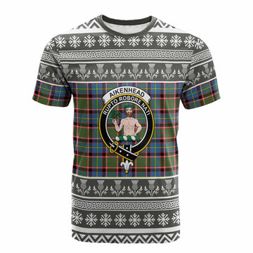 Aikenhead Clan Tartan Christmas Cotton T-shirt with Family Crest - Tartan Vibes Clothing