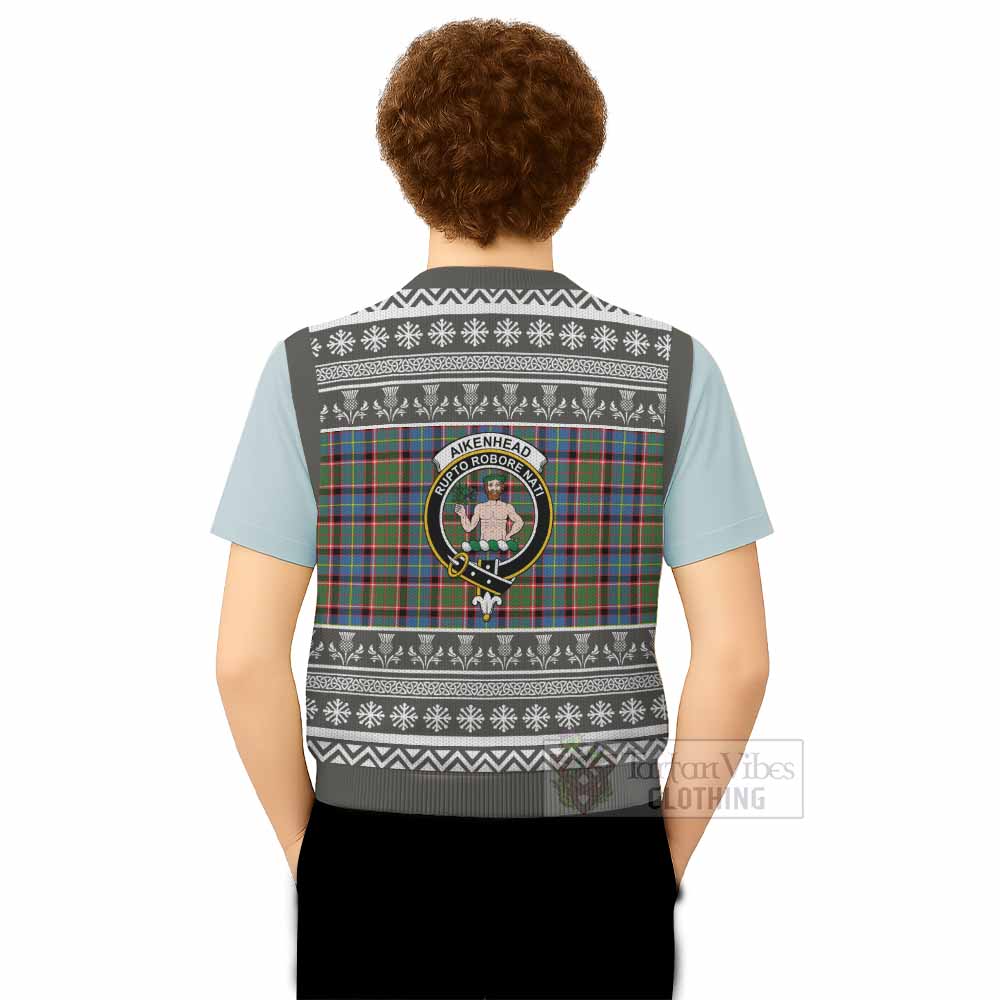 Aikenhead Clan Tartan Christmas Knitted V-Neck Vest with Family Crest - Tartan Vibes Clothing
