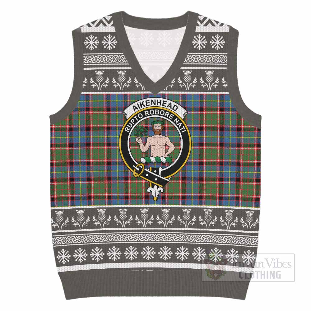 Aikenhead Clan Tartan Christmas Knitted V-Neck Vest with Family Crest - Tartan Vibes Clothing