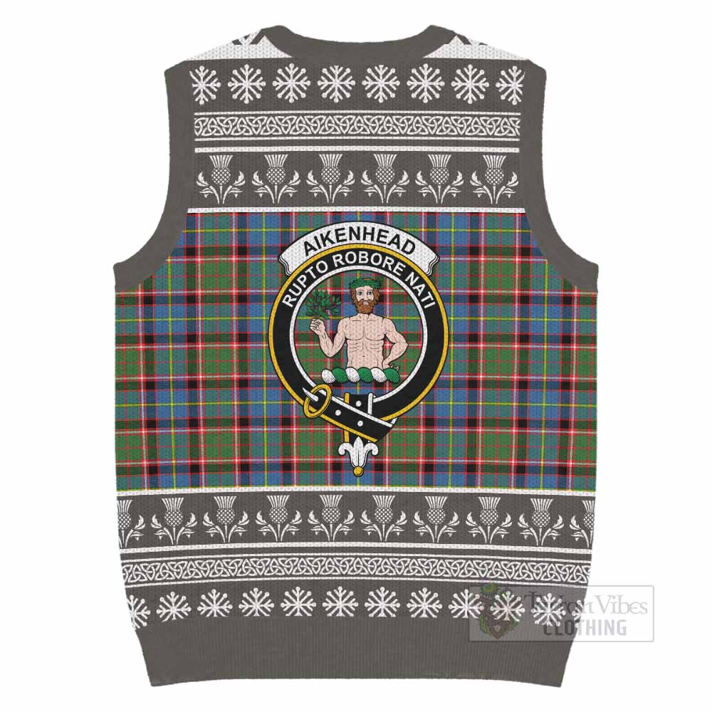 Aikenhead Clan Tartan Christmas Knitted V-Neck Vest with Family Crest - Tartan Vibes Clothing