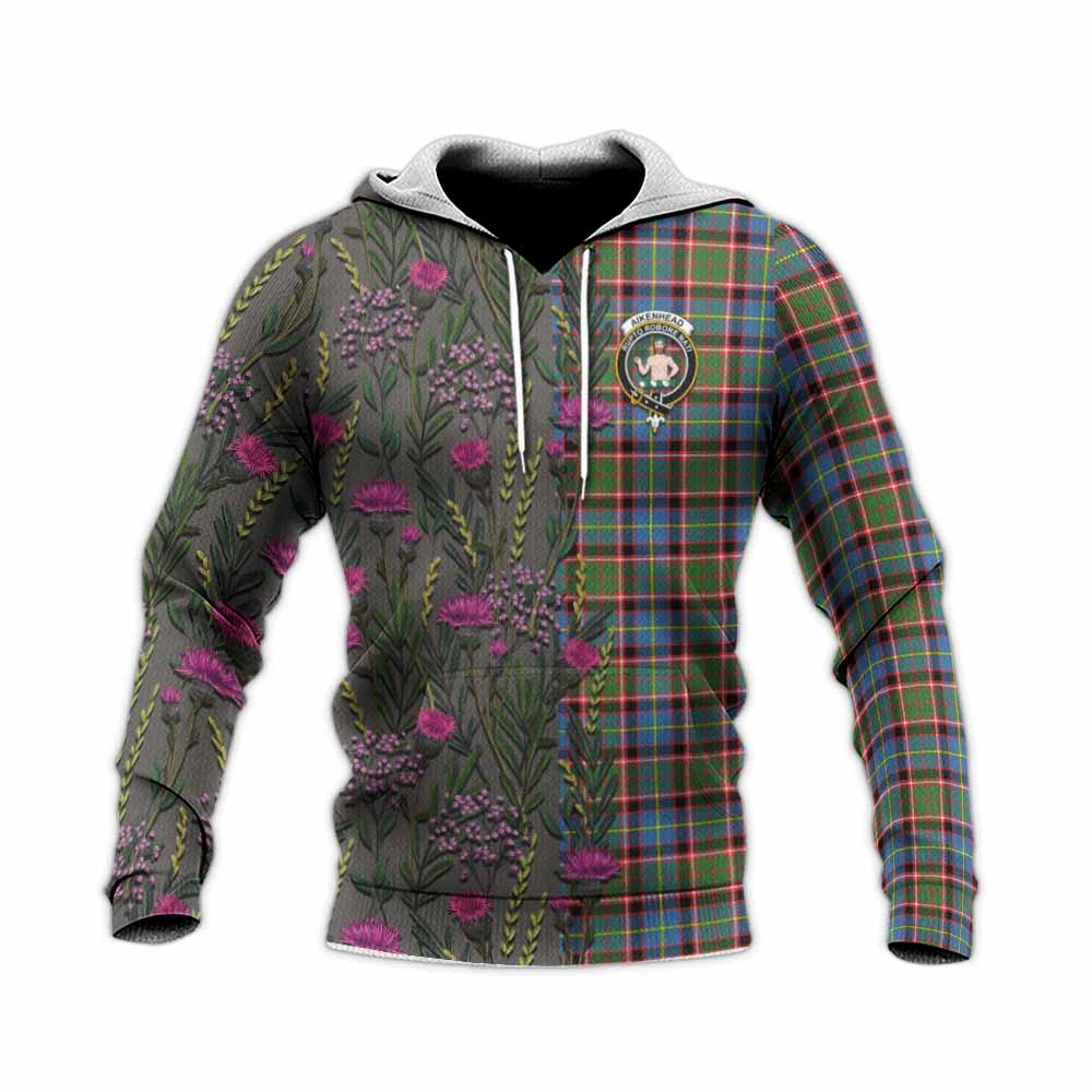 Aikenhead Family Crest Tartan Knitted Hoodie Scottish Thistle Flower Pattern Half Style - Tartan Vibes Clothing