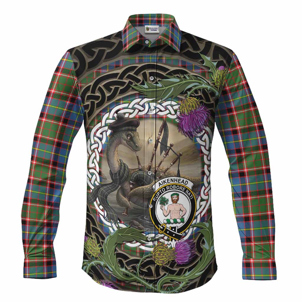 Aikenhead Tartan Crest Bagpipe Nessie Long Sleeve Button Shirts Scottish Loch Ness Monster Celtic Thistle