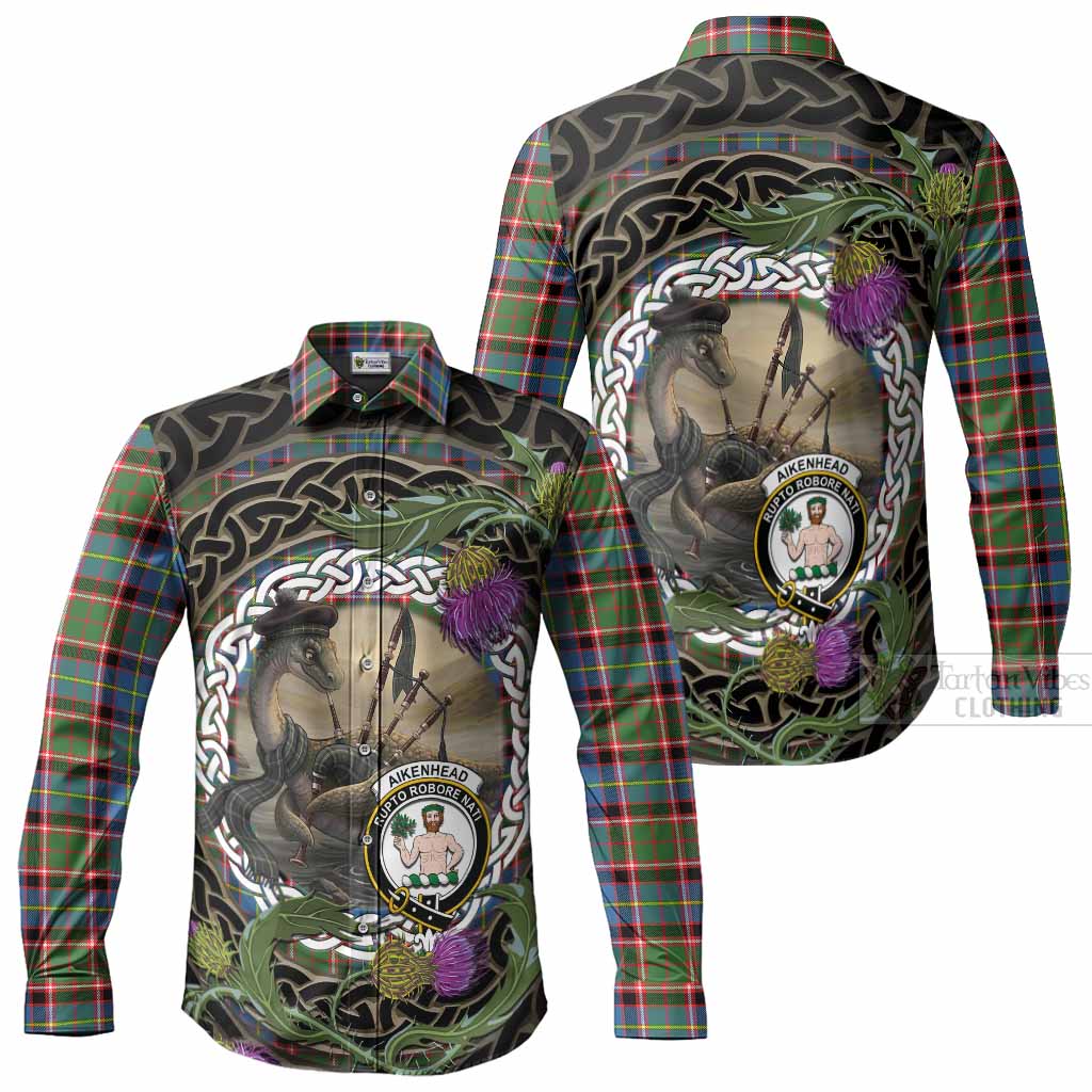 Aikenhead Tartan Crest Bagpipe Nessie Long Sleeve Button Shirts Scottish Loch Ness Monster Celtic Thistle