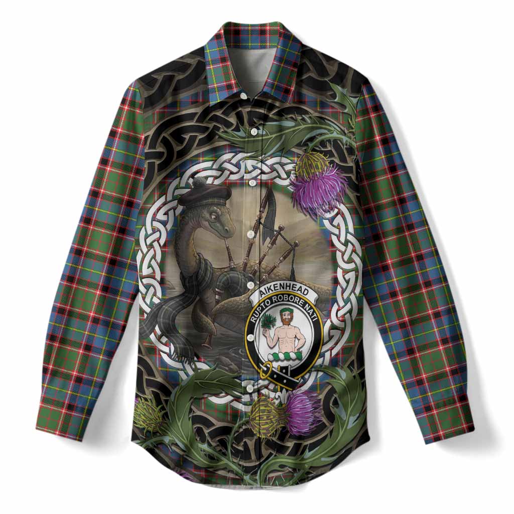 Aikenhead Tartan Crest Bagpipe Nessie Women Casual Shirt Scottish Loch Ness Monster Celtic Thistle