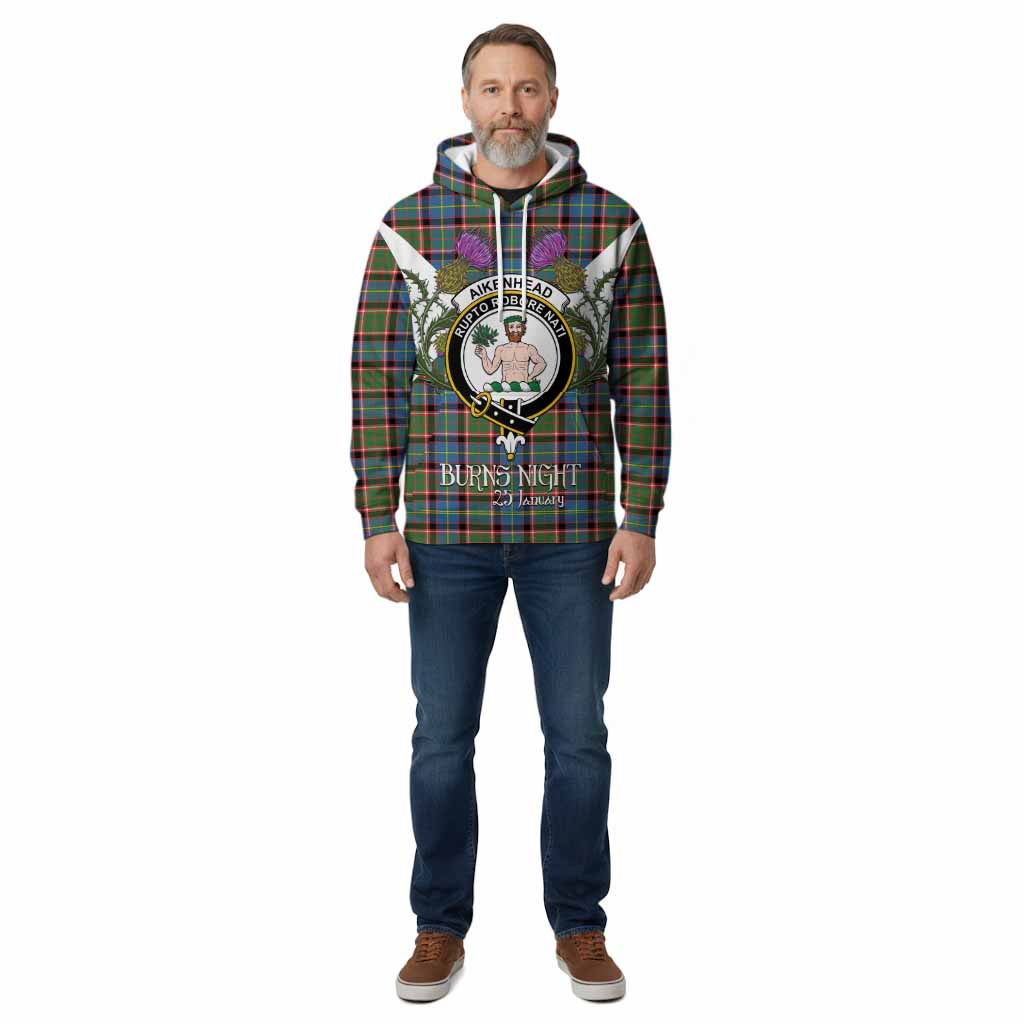 Aikenhead Tartan Family Crest Cotton Hoodie Scottish Burns Night Thistle Floral