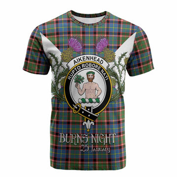 Aikenhead Tartan Family Crest Cotton T-shirt Scottish Burns Night Thistle Floral