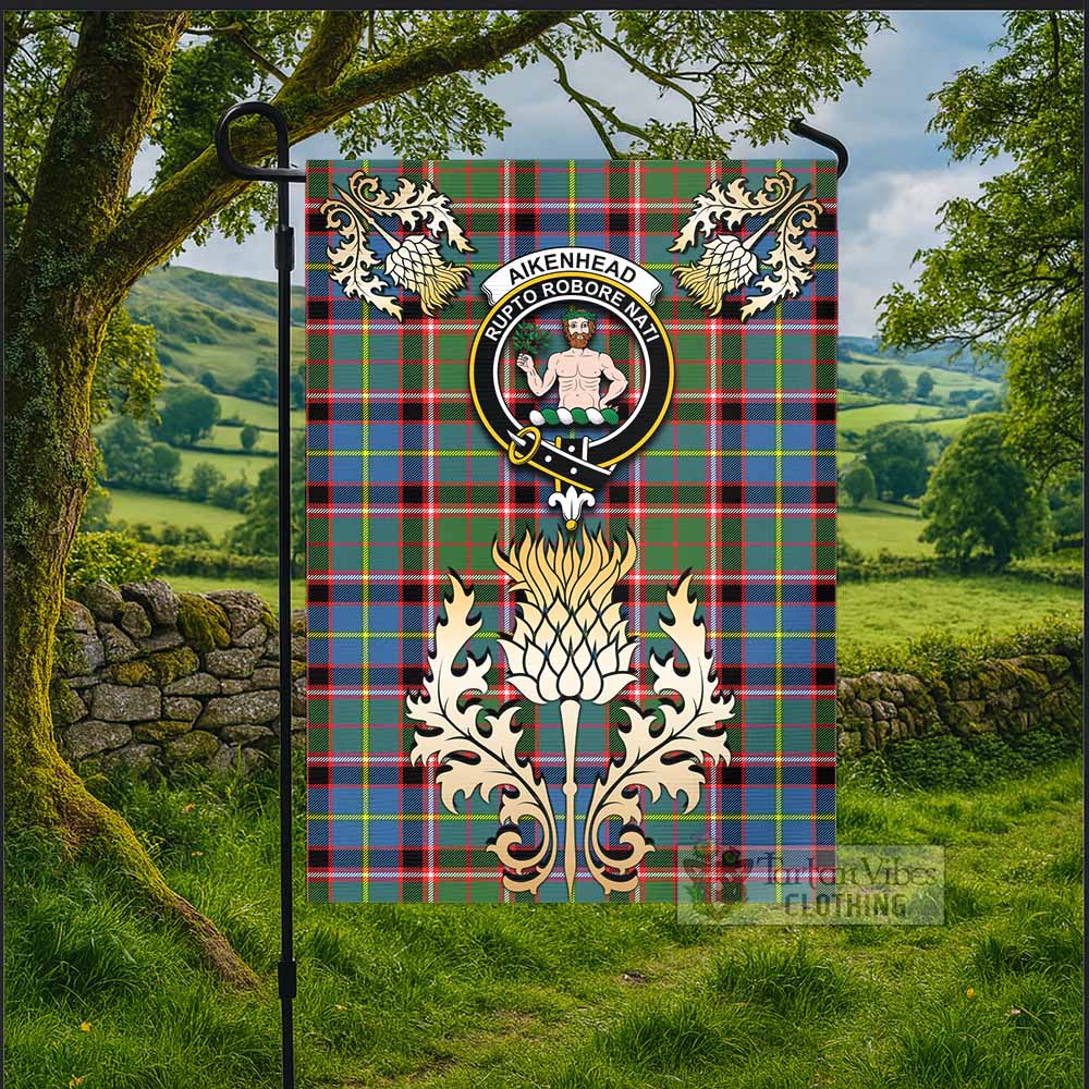 Aikenhead Tartan Garden Flag with Golden Regal Scottish Thistle Emblem - Tartan Vibes Clothing