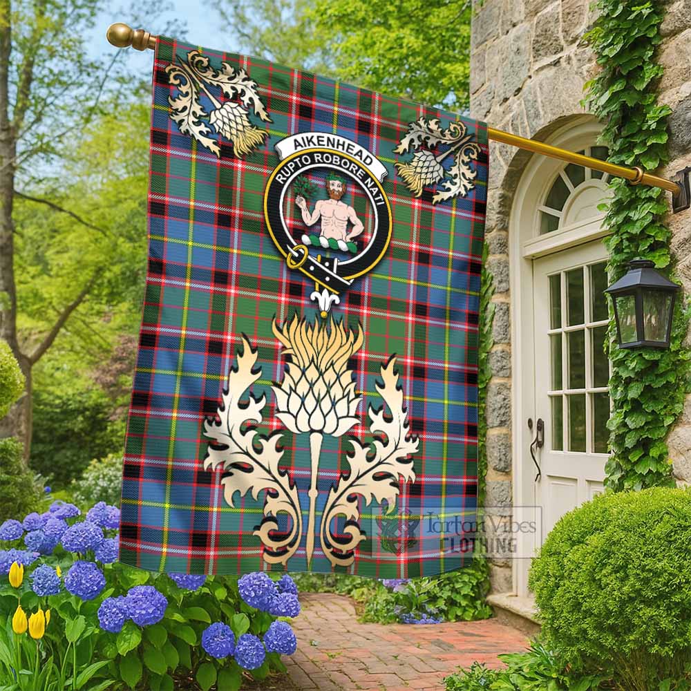 Aikenhead Tartan Garden Flag with Golden Regal Scottish Thistle Emblem - Tartan Vibes Clothing