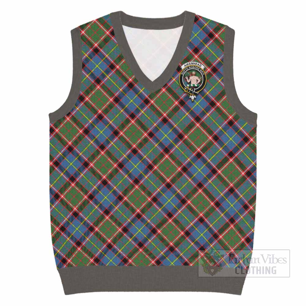 Aikenhead Tartan Knitted V-Neck Vest with Family Crest Cross Style
