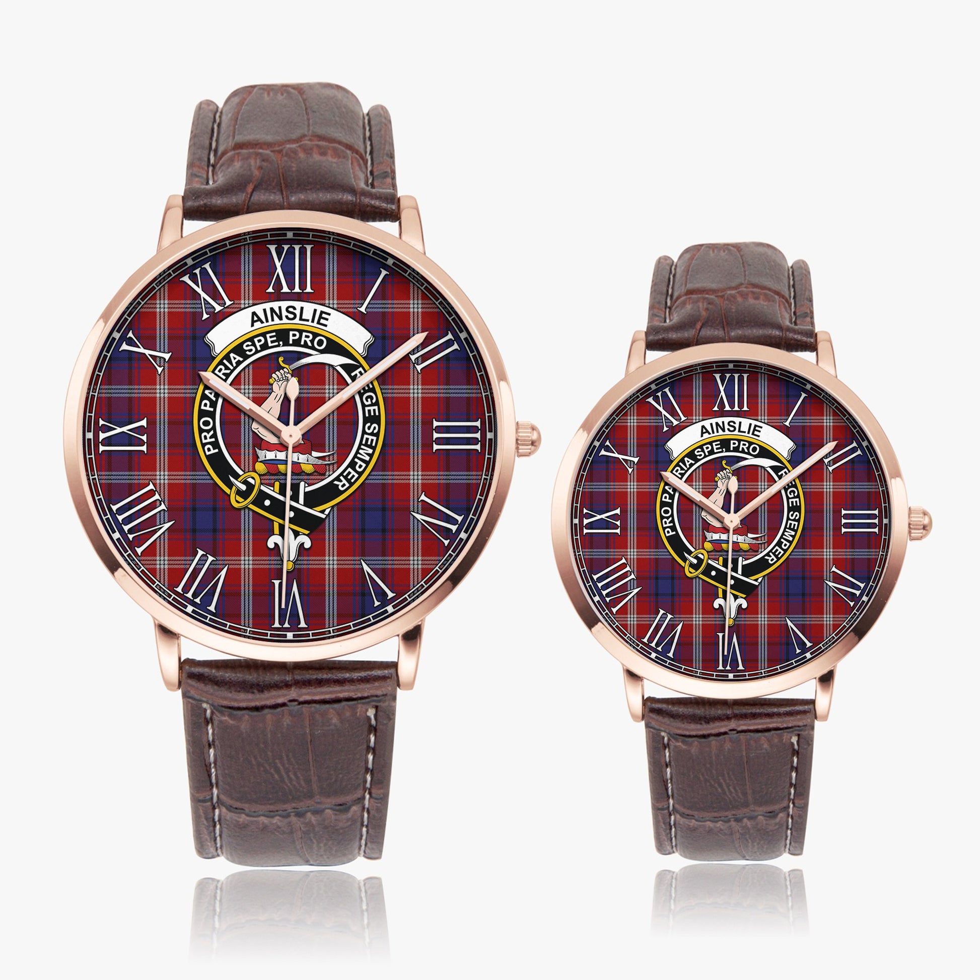 Ainslie Tartan Family Crest Leather Strap Quartz Watch - Tartanvibesclothing