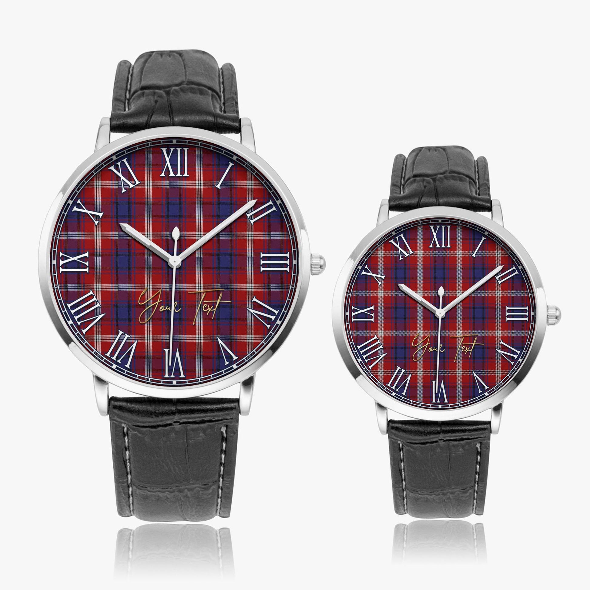 Ainslie Tartan Personalized Your Text Leather Trap Quartz Watch Ultra Thin Silver Case With Black Leather Strap - Tartanvibesclothing
