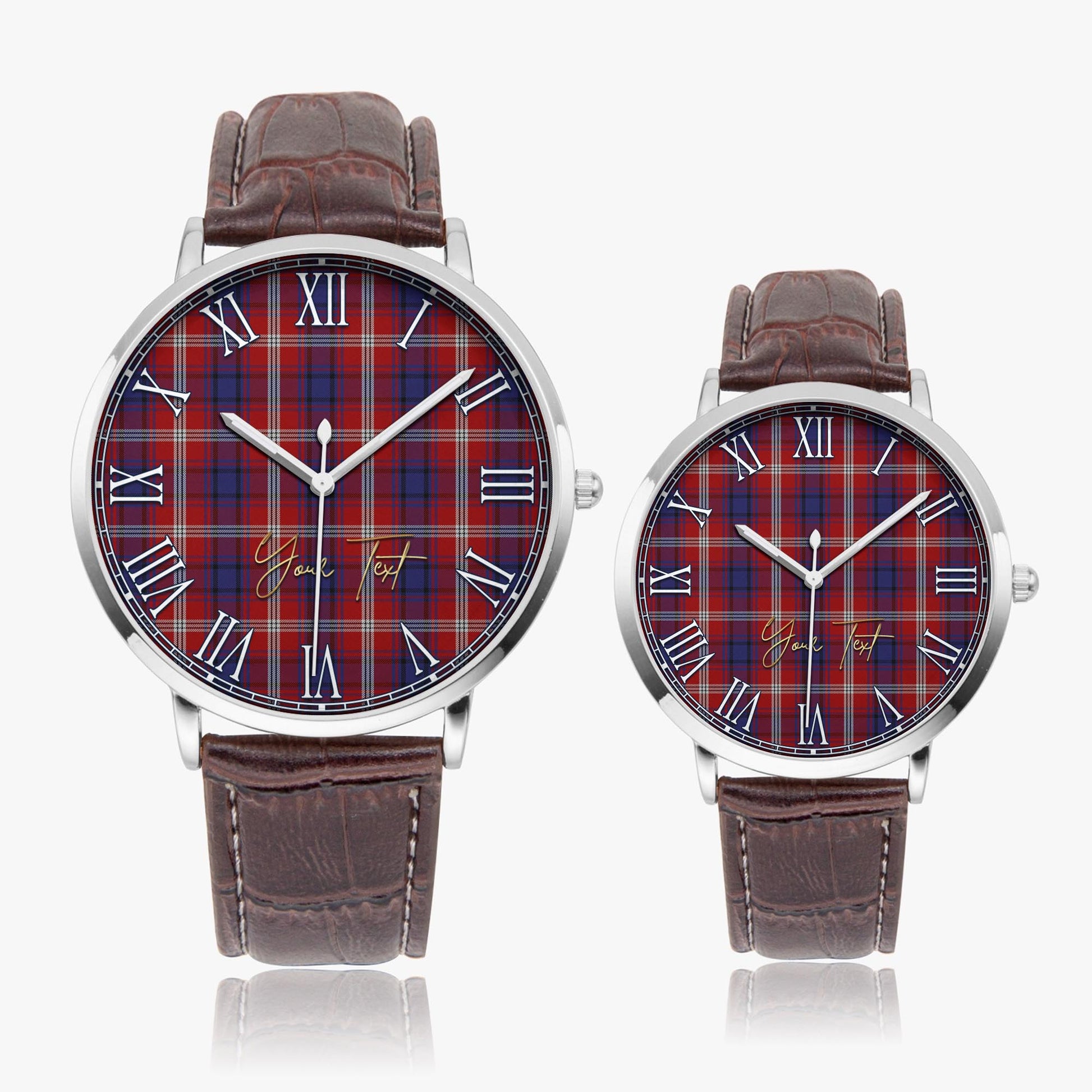 Ainslie Tartan Personalized Your Text Leather Trap Quartz Watch Ultra Thin Silver Case With Brown Leather Strap - Tartanvibesclothing