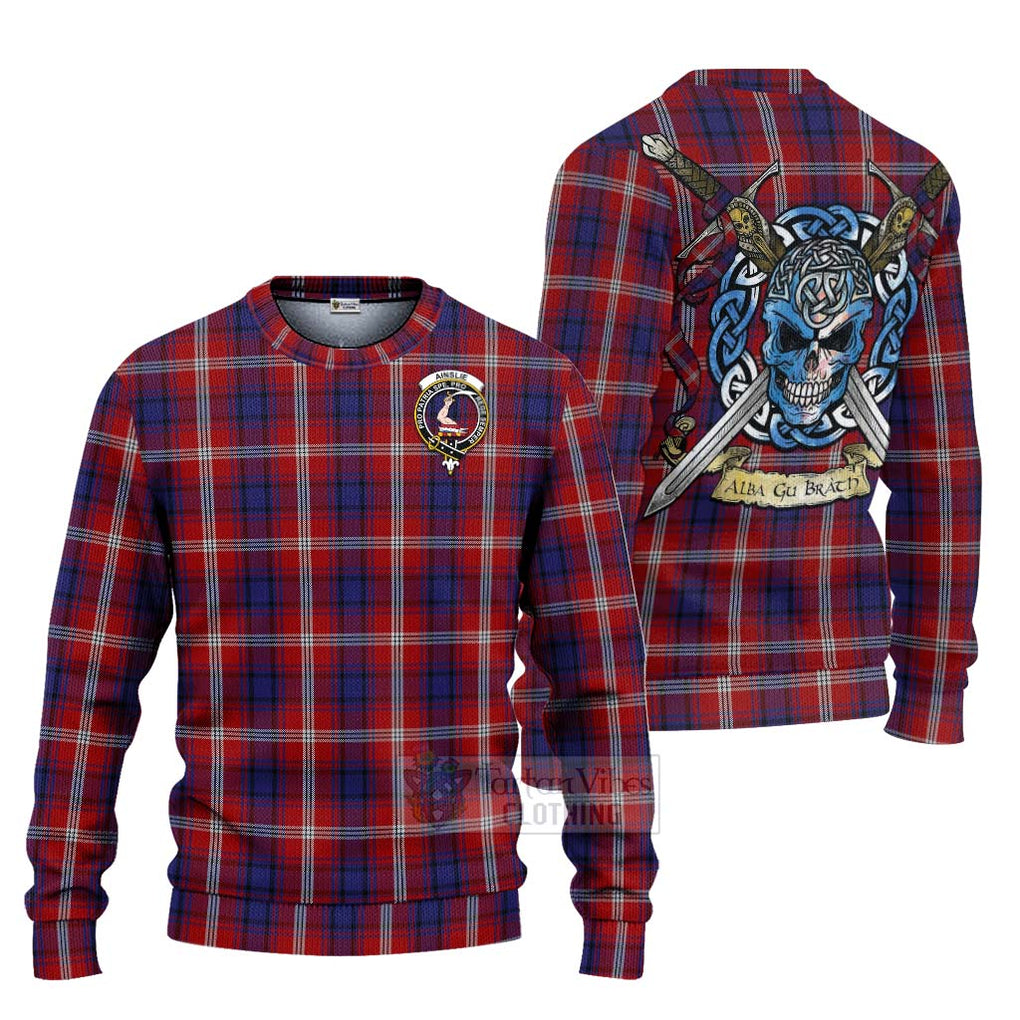 Ainslie Tartan Ugly Sweater with Family Crest Celtic Skull Style Unisex - Tartan Vibes Clothing