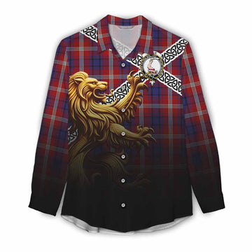 Ainslie Crest Tartan Women's Casual Shirt with Golden Lion Emblem Celtic Style Female - Tartan Vibes Clothing