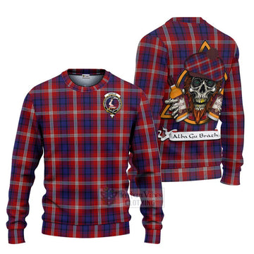 Ainslie Tartan Ugly Sweater with Family Crest and Bearded Skull Holding Bottles of Whiskey Unisex - Tartan Vibes Clothing