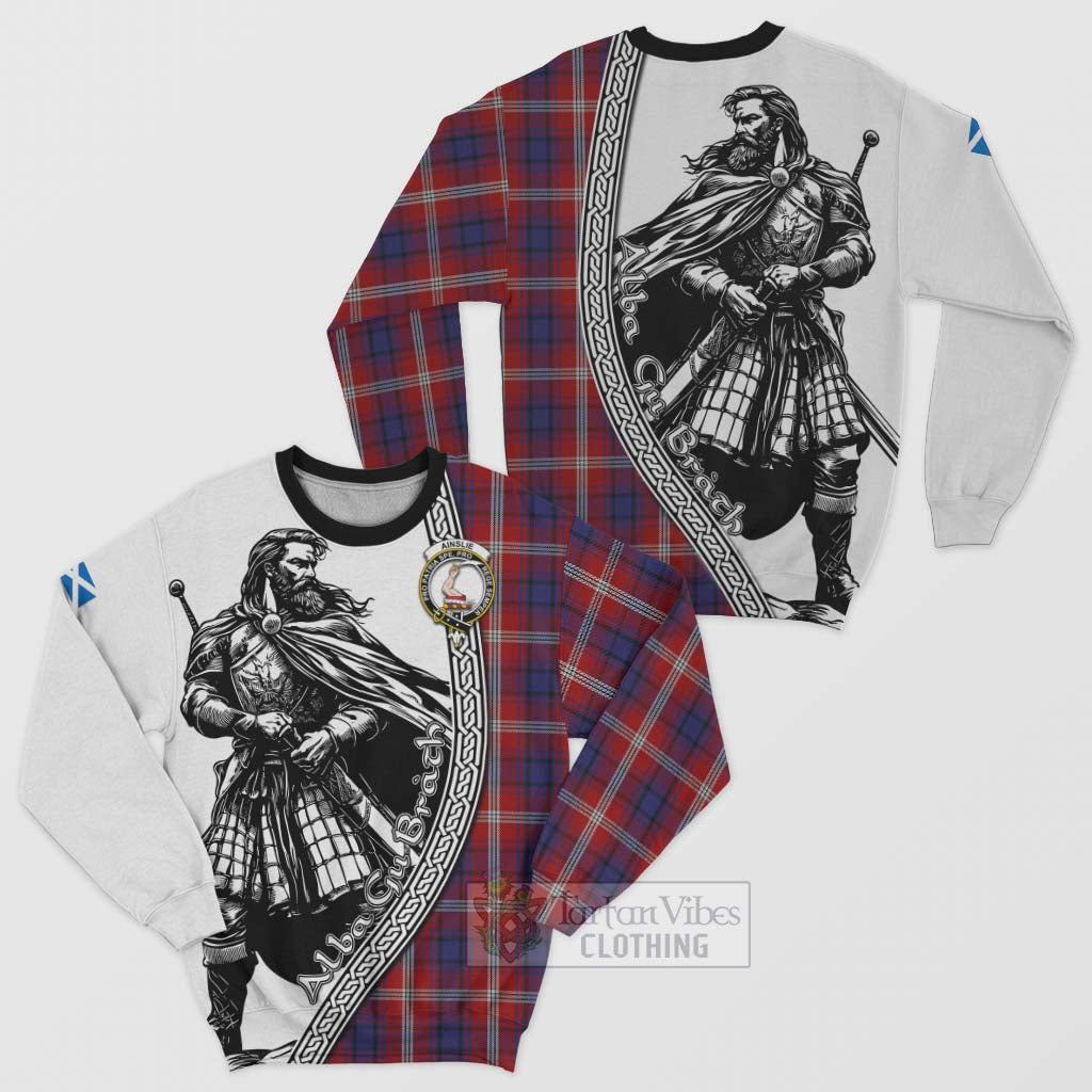 Ainslie Tartan Clan Crest Sweatshirt with Highlander Warrior Celtic Style Unisex - Tartan Vibes Clothing