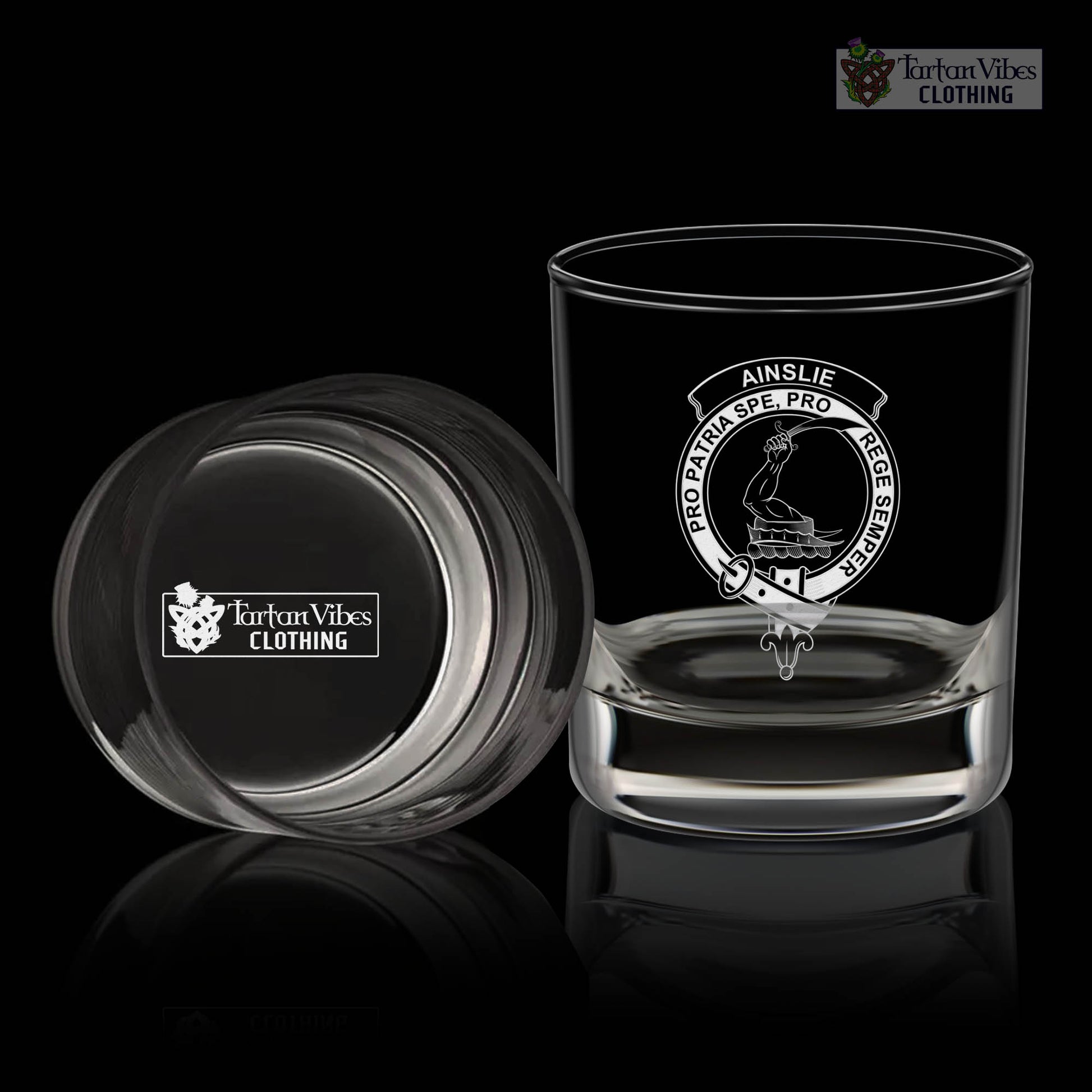 Ainslie Clan Crest Engraved Whiskey Glass One Size Engraved Glass - 2D-tartanvibesclothing