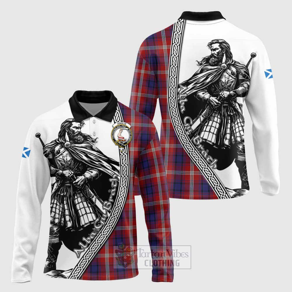 Ainslie Tartan Clan Crest Long Sleeve Polo Shirt with Highlander Warrior Celtic Style Unisex - Tartan Vibes Clothing