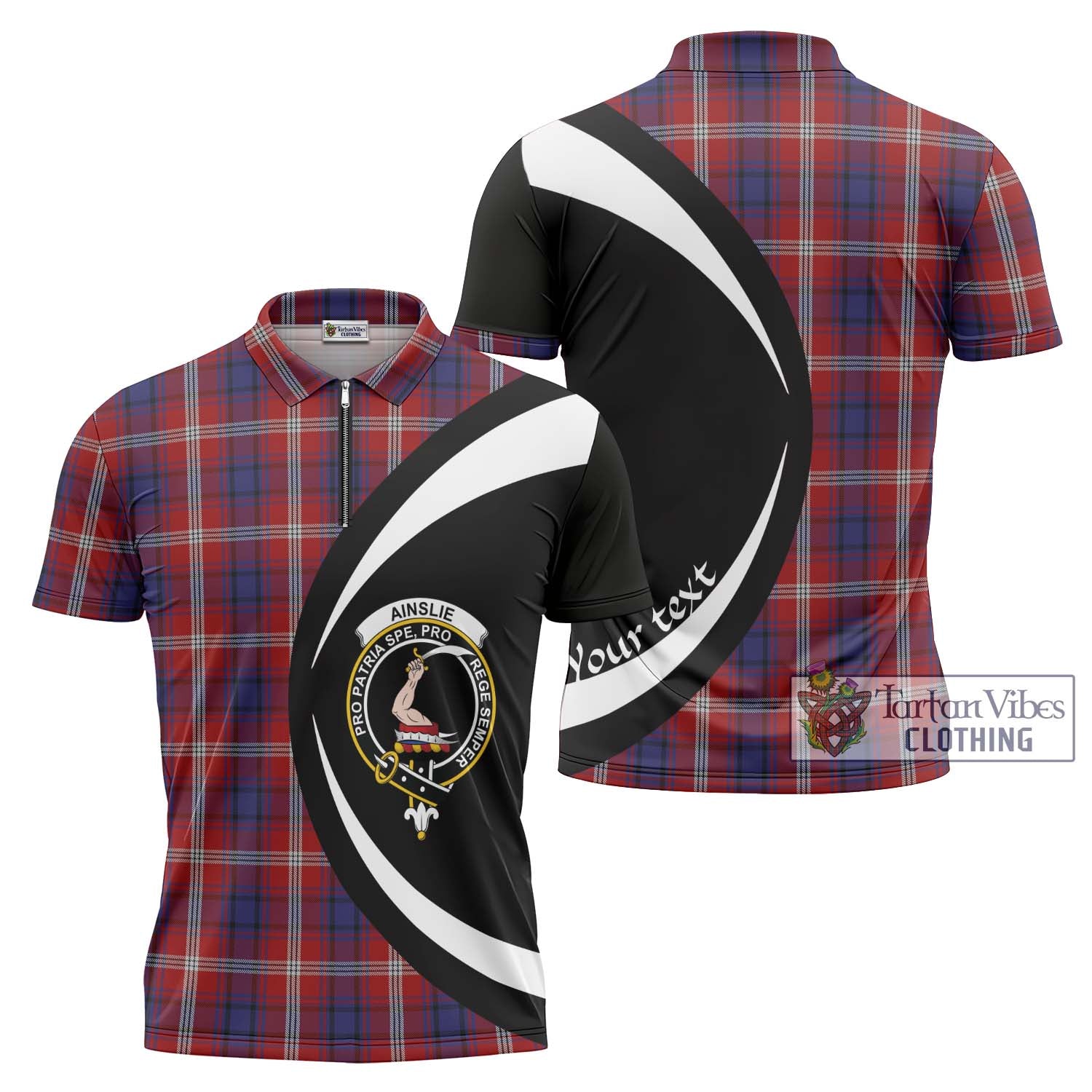 Ainslie Tartan Zipper Polo Shirt with Family Crest Circle Style Unisex - Tartan Vibes Clothing