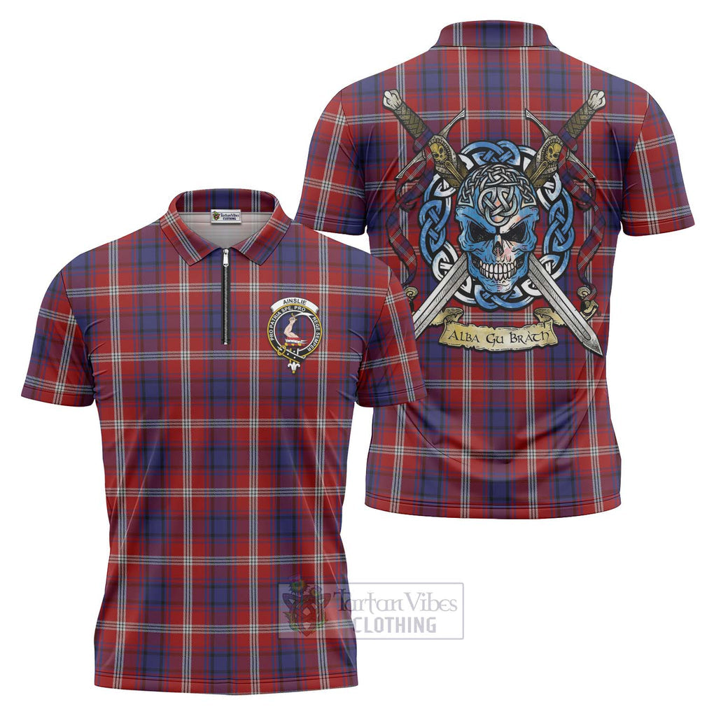 Ainslie Tartan Zipper Polo Shirt with Family Crest Celtic Skull Style Unisex - Tartan Vibes Clothing