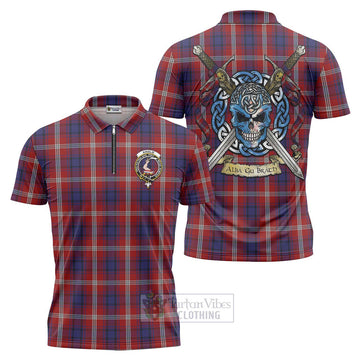Ainslie Tartan Zipper Polo Shirt with Family Crest Celtic Skull Style Unisex - Tartan Vibes Clothing