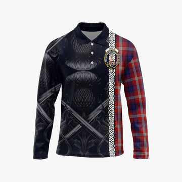 Ainslie Tartan Long Sleeve Polo Shirt with Family Crest Cross Sword Thistle Celtic Vibes Unisex - Tartan Vibes Clothing