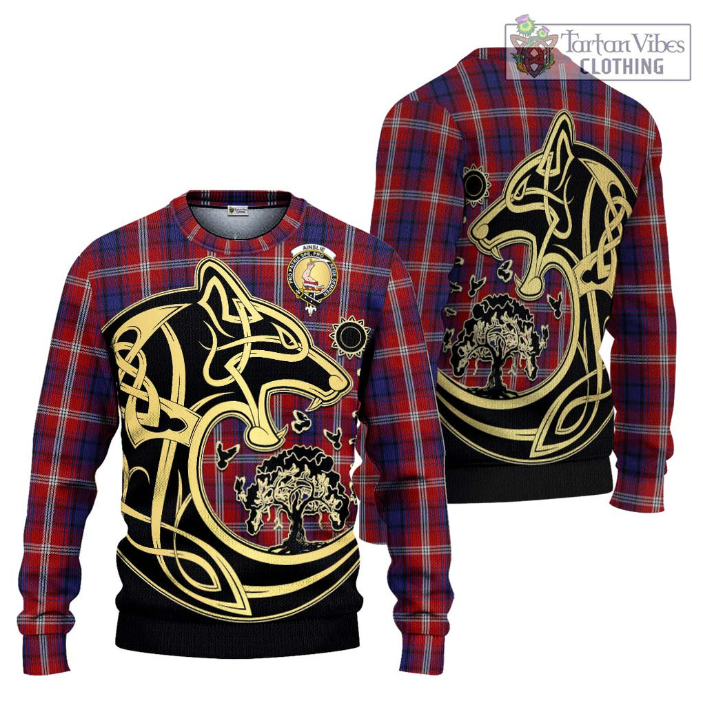 Ainslie Tartan Ugly Sweater with Family Crest Celtic Wolf Style Unisex - Tartan Vibes Clothing