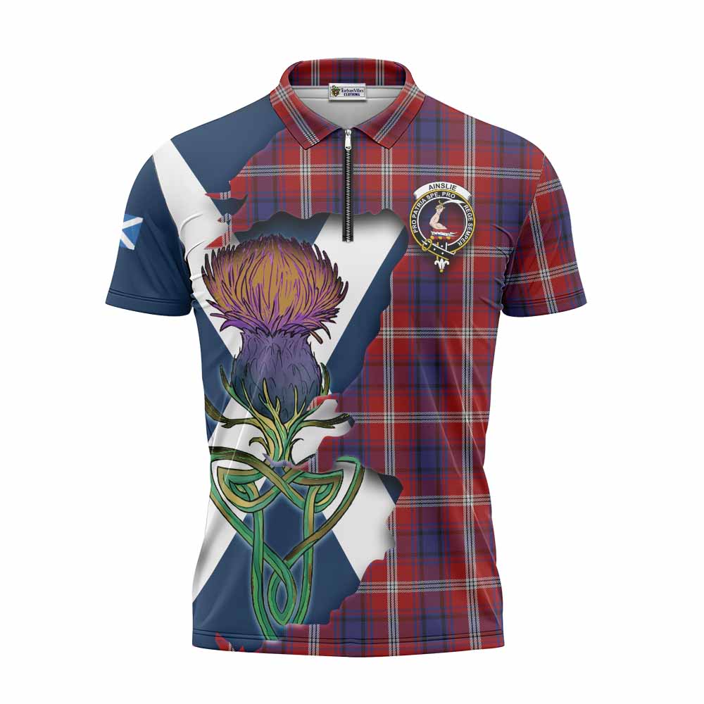 Tartan Vibes Clothing Ainslie Tartan Family Crest Zipper Polo Shirt Scottish Thistle Celtic Inspired