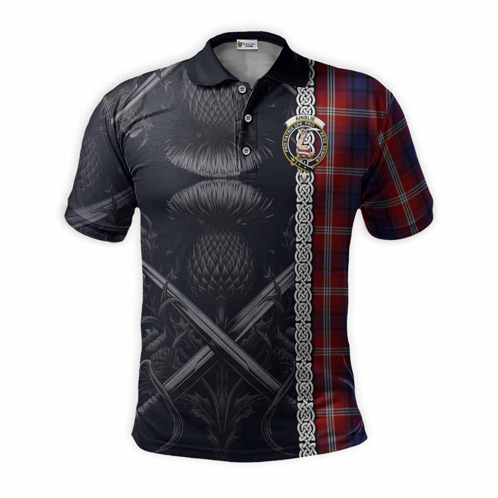 Ainslie Tartan Polo Shirt with Family Crest Cross Sword Thistle Celtic Vibes Kid - Tartan Vibes Clothing