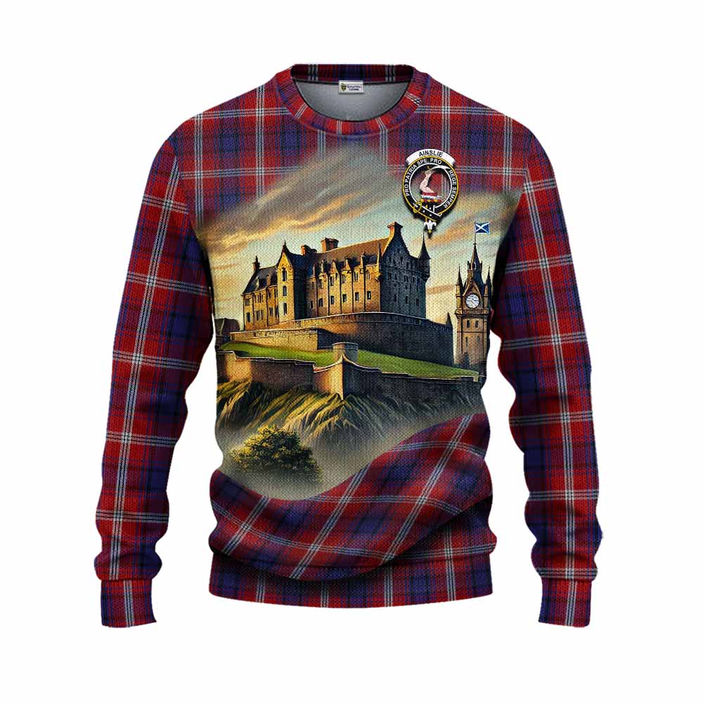 Ainslie Tartan Family Crest Knitted Sweater with Scottish Ancient Castle Style Unisex - Tartan Vibes Clothing