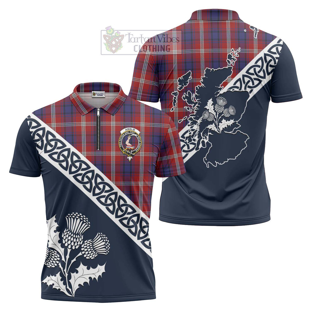 Ainslie Tartan Zipper Polo Shirt Featuring Thistle and Scotland Map Unisex - Tartanvibesclothing Store