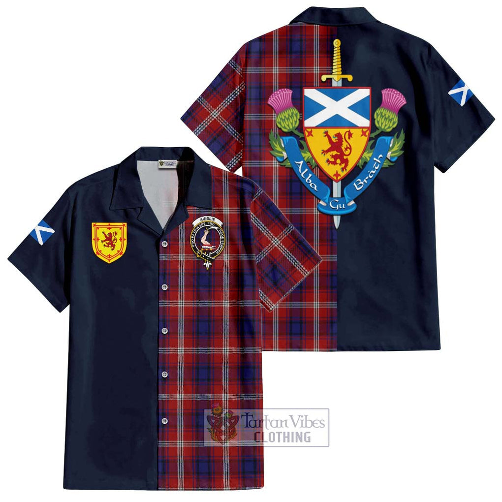 Ainslie Tartan Hawaiian Shirt Alba with Scottish Lion Royal Arm Half Style Kid - Tartan Vibes Clothing
