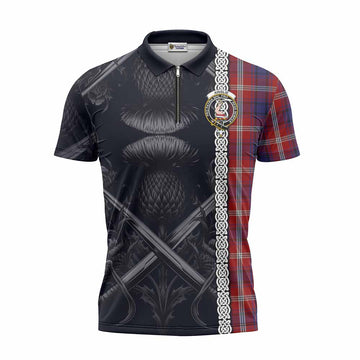 Ainslie Tartan Zipper Polo Shirt with Family Crest Cross Sword Thistle Celtic Vibes Unisex - Tartan Vibes Clothing