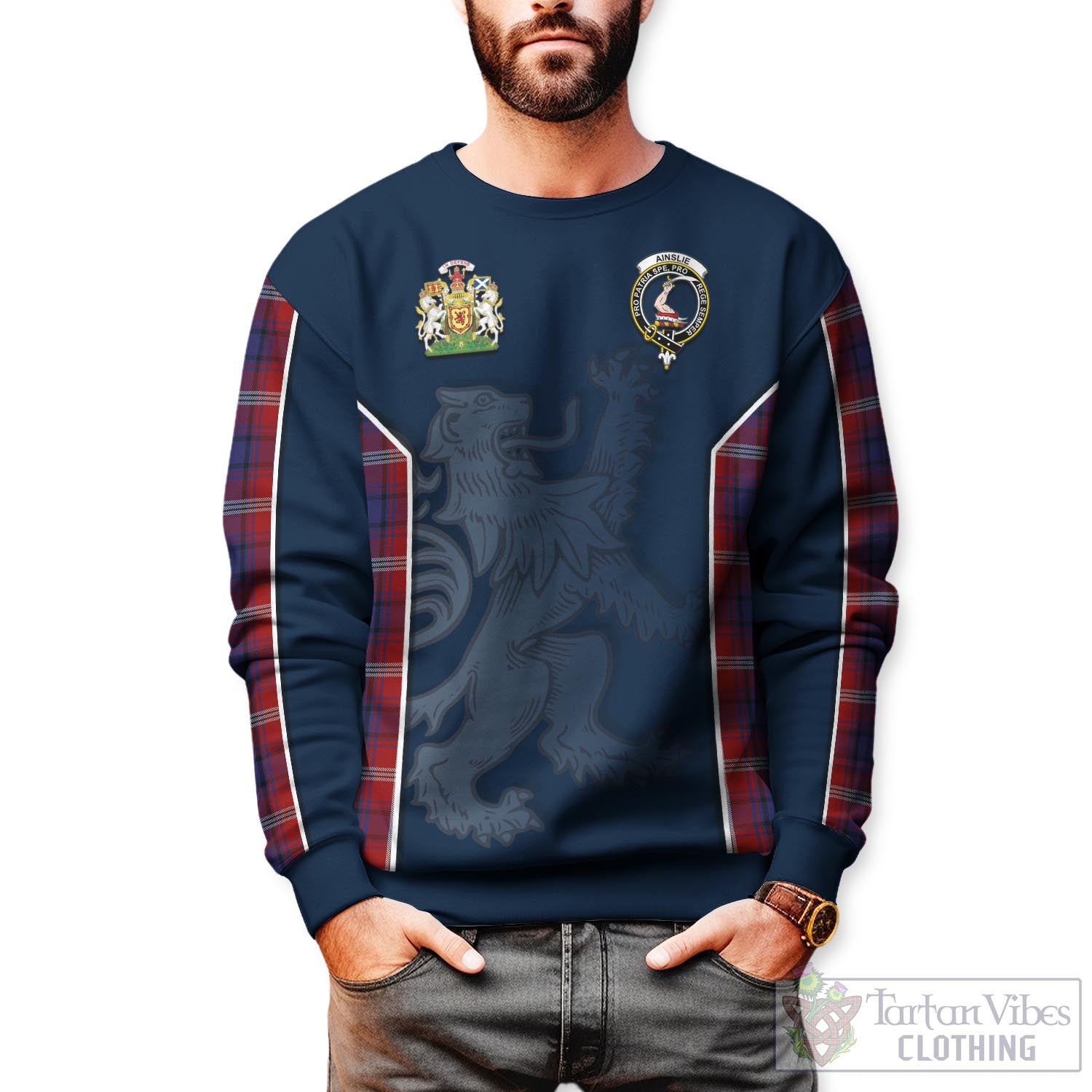 Tartan Vibes Clothing Ainslie Tartan Sweater with Family Crest and Lion Rampant Vibes Sport Style