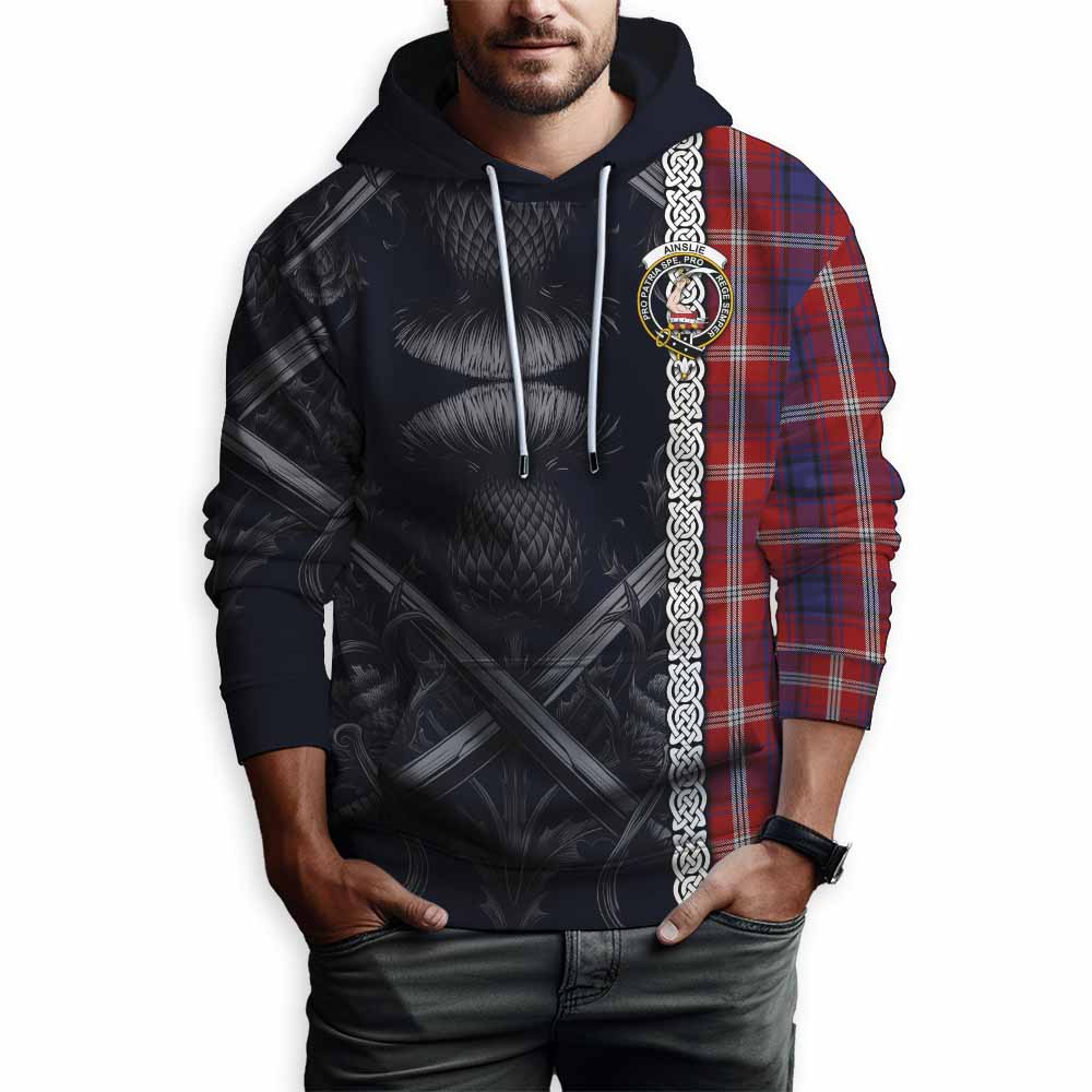 Ainslie Tartan Hoodie with Family Crest Cross Sword Thistle Celtic Vibes Pullover Hoodie - Tartan Vibes Clothing