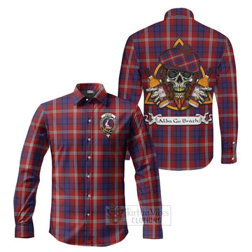 Ainslie Tartan Long Sleeve Button Shirt with Family Crest and Bearded Skull Holding Bottles of Whiskey Men's Shirt S - Tartan Vibes Clothing