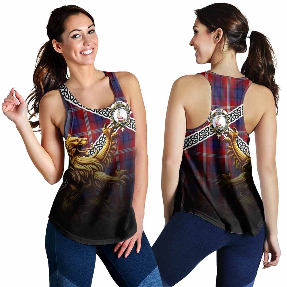 Ainslie Crest Tartan Women's Racerback Tanks with Golden Lion Emblem Celtic Style 4XL - Tartan Vibes Clothing