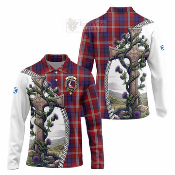 Ainslie Tartan Long Sleeve Polo Shirt with Family Crest and St. Andrew's Cross Accented by Thistle Vines Unisex - Tartan Vibes Clothing
