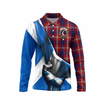 Ainslie Tartan Long Sleeve Polo Shirt with Family Crest Scotland Patriotic Style Unisex - Tartan Vibes Clothing