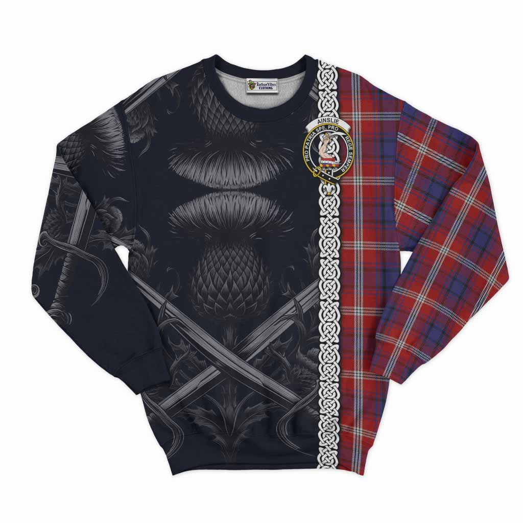 Ainslie Tartan Sweatshirt with Family Crest Cross Sword Thistle Celtic Vibes Unisex - Tartan Vibes Clothing