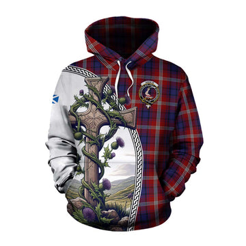 Ainslie Tartan Cotton Hoodie with Family Crest and St. Andrew's Cross Accented by Thistle Vines Pullover Hoodie XS - Tartan Vibes Clothing