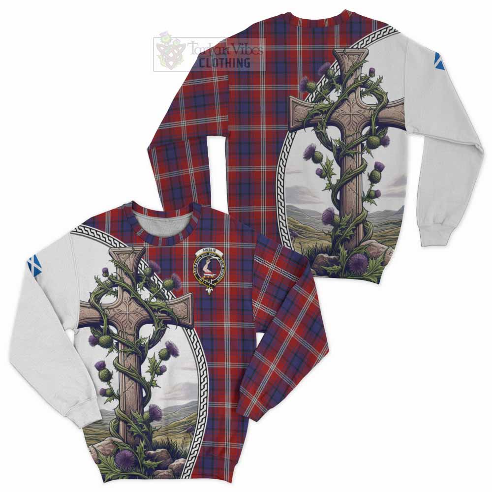 Ainslie Tartan Sweatshirt with Family Crest and St. Andrew's Cross Accented by Thistle Vines Unisex - Tartan Vibes Clothing