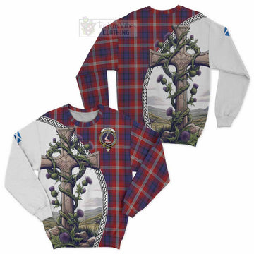 Ainslie Tartan Sweatshirt with Family Crest and St. Andrew's Cross Accented by Thistle Vines Unisex - Tartan Vibes Clothing