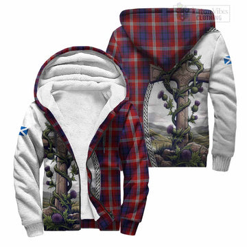 Ainslie Tartan Sherpa Hoodie with Family Crest and St. Andrew's Cross Accented by Thistle Vines Unisex S - Tartan Vibes Clothing