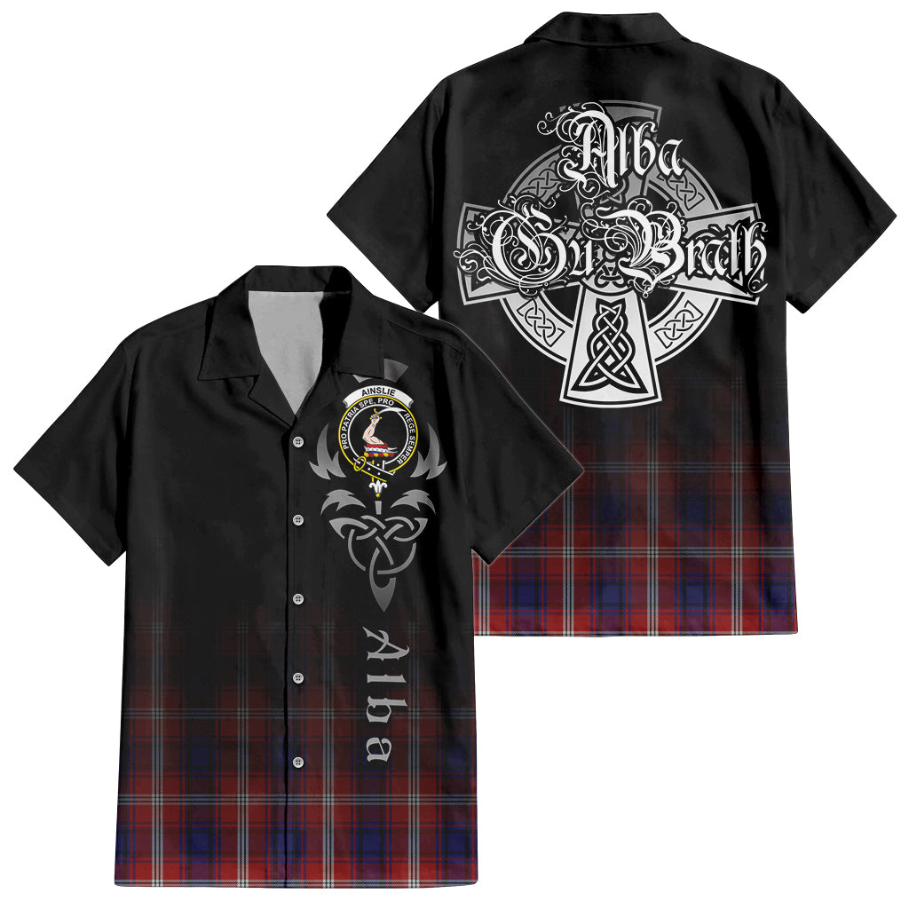 Tartan Vibes Clothing Ainslie Tartan Short Sleeve Button Up Featuring Alba Gu Brath Family Crest Celtic Inspired