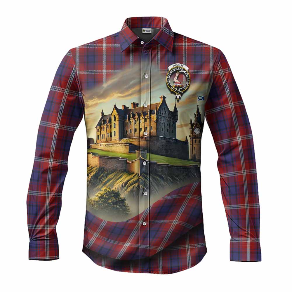 Tartan Vibes Clothing Ainslie Tartan Family Crest Long Sleeve Button Shirt with Scottish Ancient Castle Style