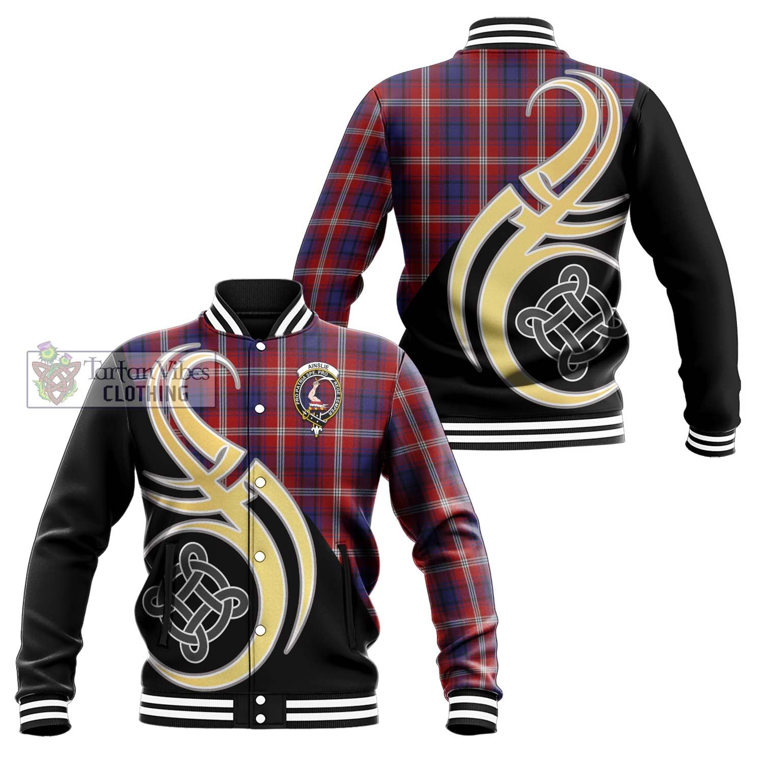 Ainslie Tartan Baseball Jacket with Family Crest and Celtic Symbol Style Unisex - Tartan Vibes Clothing