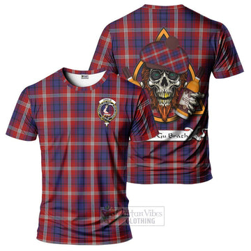 Ainslie Tartan T-Shirt with Family Crest and Bearded Skull Holding Bottles of Whiskey Kid's Shirt - Tartan Vibes Clothing